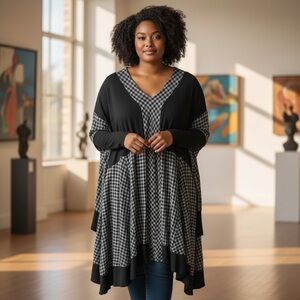 OZAI N KU Dress Artsy Pullover Gingham Black Gray Lagenlook Oversized Sz. XXL